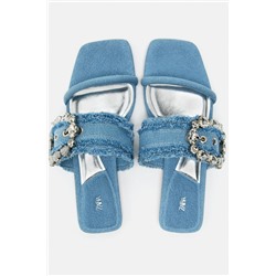 DENIM FLAT SLIDER SANDALS WITH BUCKLE