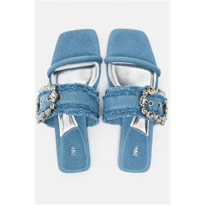 DENIM FLAT SLIDER SANDALS WITH BUCKLE