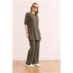 Olalook Kadın Haki Üst Yırtmaçlı Bluz Alt Palazzo Fitilli Takım TKM-19000180