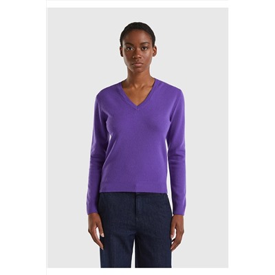 United Colors of Benetton Kadın Mor V Yaka Merino Kazak 123A1002D4488