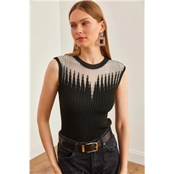 Olalook Kadın Siyah Gümüş Roba Transparan Fitilli Triko Bluz BLZ-19002645
