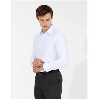 Açık Mavi Slim Fit Armürlü Uzun Kollu Gömlek