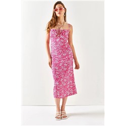 Olalook Kadın Pembe Askılı Yırtmaçlı Midi Elbise ELB-19001922