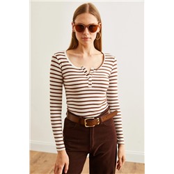 Olalook Kadın Kalın Fitilli Acı Kahve Patlı Kaşkorse Bluz BLZ-19000588