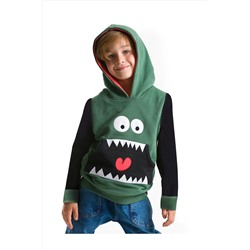 Denokids Obur Canavar Kapişonlu Haki Siyah Erkek Çocuk Sweatshirt CFF-18S1-047