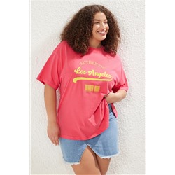 Pembe Geniş Kalıp Bisiklet Yaka Baskılı %100 Pamuk Örme T-shirt TBBSS23AH00131