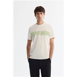Ekru Bisiklet Yaka İnterlok Elastan T-Shirt