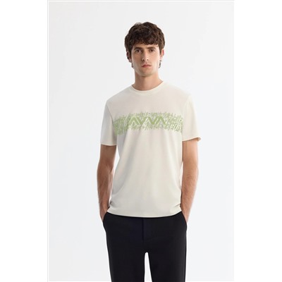 Ekru Bisiklet Yaka İnterlok Elastan T-Shirt