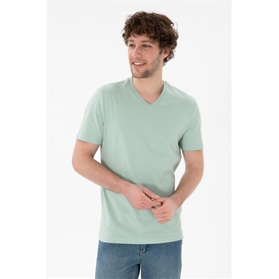 Erkek Regular Fit  V Yaka Su Yeşili Basic Tişört