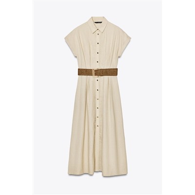 LINEN BLEND MIDI DRESS WITH BELT