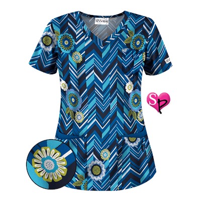 UA Chevron Flower Navy Print Scrub Top
