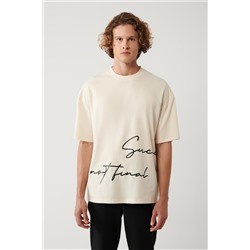 Bej %100 Pamuk Bisiklet Yaka Baskılı T-Shirt