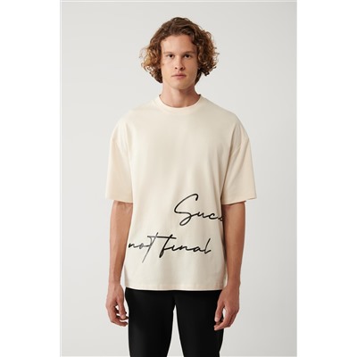 Bej %100 Pamuk Bisiklet Yaka Baskılı T-Shirt