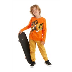Denokids Wild One Erkek Çocuk Turuncu T-shirt Hardal Gabardin Pantolon Takım CFF-23S1-053