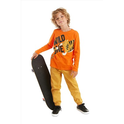 Denokids Wild One Erkek Çocuk Turuncu T-shirt Hardal Gabardin Pantolon Takım CFF-23S1-053