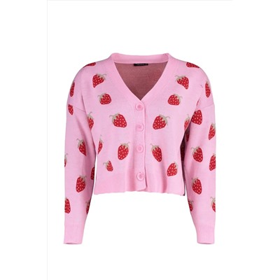 Pembe Çilek Desenli V Yaka Crop Triko Hırka TBBAW23AV00028