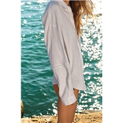 STRIPED LINEN BLEND SHIRT WITH LACE TRIM