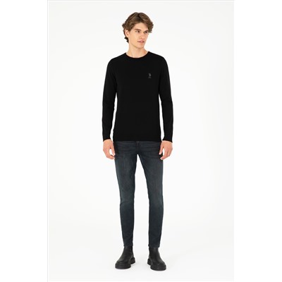 Erkek Slim Fit Bisiklet Yaka Siyah Basic Kazak