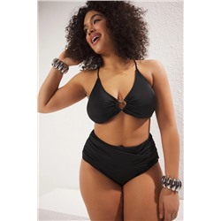Siyah Kalp Aksesuar Detaylı Askılı Büyük Beden Bikini Üstü TBBSS25CT00008