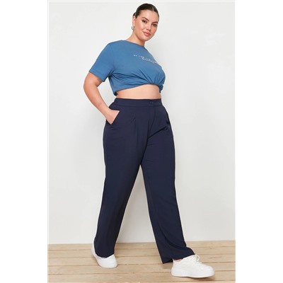 Lacivert Lastikli Yüksek Bel Pileli Wide Leg Dokuma Pantolon TBBSS22PL0448