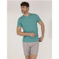 Yeşil Slim Fit Jakarlı Bisiklet Yaka Tişört