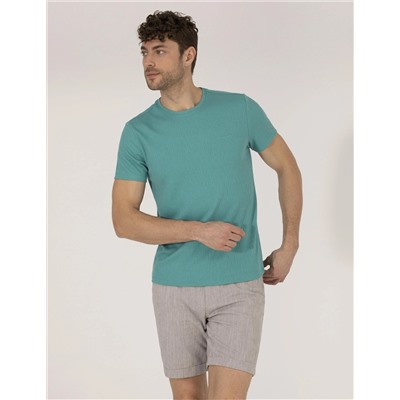 Yeşil Slim Fit Jakarlı Bisiklet Yaka Tişört