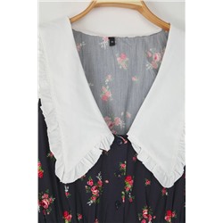 Çok Renkli Çiçekli Poplin %100 Pamuk Bebe Yaka Midi Dokuma Büyük Beden Elbise TBBSS25AH00158