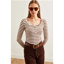 Olalook Kadın Kalın Fitilli Acı Kahve Patlı Kaşkorse Bluz BLZ-19000588