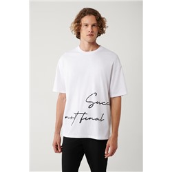 Beyaz %100 Pamuk Bisiklet Yaka Baskılı T-Shirt