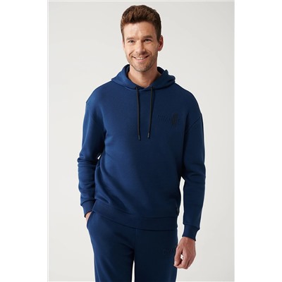 Avva Erkek İndigo Kapüşonlu Yaka Gofre Baskılı Şardonlu 3 İplik Comfort Fit Rahat Kesim Sweatshirt A32Y11 A32Y1190