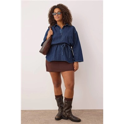 Koyu Mavi Oversize/Bol Kesim Denim Büyük Beden Gömlek TBBAW26AX00003