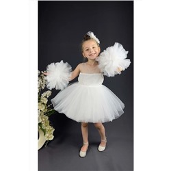 Mnk Baby&Kids Şifon Robalı Ponpon Kol Pul Payetli Kız Çocuk Kabarık Etek Tütülü Abiye Beyaz MNK0378