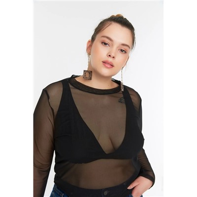 Siyah Örme Tül Crop Bluz TBBSS22BZ00017