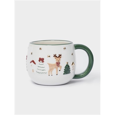 Кружка, 400 мл, 2 шт, керамика, зеленая/красная, Олень и Кот, New year
