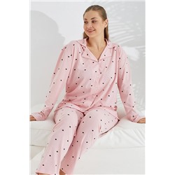Siyah İnci somon puan desen Curve Büyük Beden Battal boy Düğmeli Pamuklu Pijama Takımı 7617