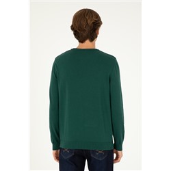Erkek Slim Fit Bisiklet Yaka Yeşil Basic Kazak