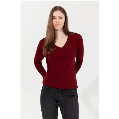 Kadın Bordo V - Yaka Basic Kazak