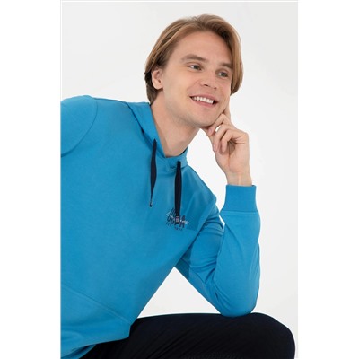 Erkek Kobalt Kapüşonlu Basic Sweatshirt