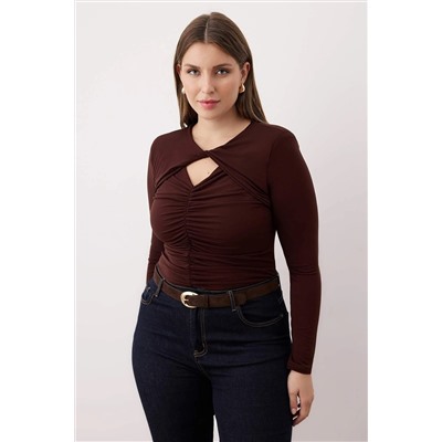 Kahverengi Alttan Çıtçıtlı Örme Büyük Beden Body TBBAW26CS00004