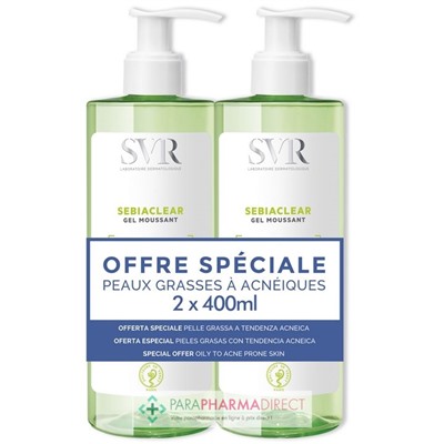 SVR SEBIACLEAR GEL MOUSSANT - Nettoyant sans Savon, Purifiant, Désincrustant 2x400mlLot  × 2