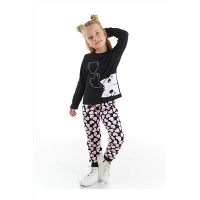Denokids Kalpli Kedi Kız Çocuk T-shirt Pantolon Takım CFF-22K1-033