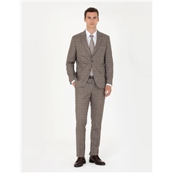 Açık Kahverengi Slim Fit Ekose Takım Elbise