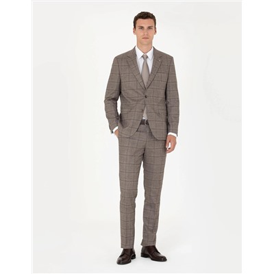 Açık Kahverengi Slim Fit Ekose Takım Elbise
