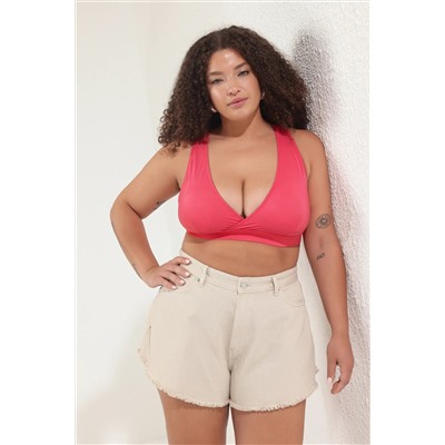 Fuşya Kruvaze Yaka Büyük Beden Bikini Üstü TBBSS25CT00011