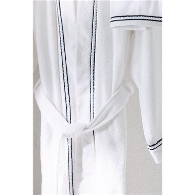 Rouen %100 Pamuk Unisex Bornoz - Beyaz/Lacivert - Lüks Koleksiyon