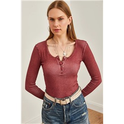 Olalook Kadın Yıkamalı Bordo Patlı Kaşkorse Bluz BLZ-19000588