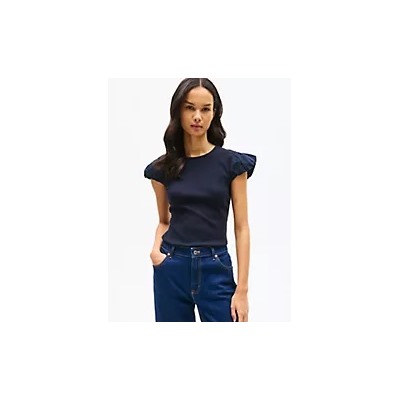 Mixed Media Shirred Cap-Sleeve T-Shirt