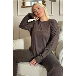 Pijamaevi Kahverengi Minimalist Baskılı Bambu Uzun Kol Kadın Pijama Takımı 2217