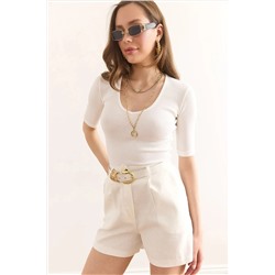 Olalook Kadın Beyaz Derin V Yaka Duble Kol Esnek Pamuk Bluz BLZ-19002951