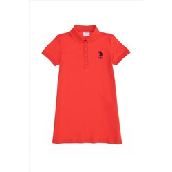 Kız Çocuk Kırmızı Polo Yaka Kısa Kol Örme Elbise